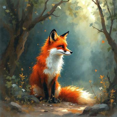 The primary subject of the image is a red fox sitting in a forest. The setting is a wooded area with trees and rocks, creating a natural and serene environment. The visual style is a painting, which adds a sense of depth and artistic expression to the scene. The dominant colors are red and orange, which are prevalent in the fox's fur and the surrounding forest. The overall atmosphere is calm and peaceful, as the fox appears to be relaxing in its natural habitat.